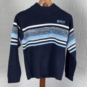South Pole Sweater Women Medium‎ 12-14 Blue White Stitch Stripe Logo Acrylic VTG